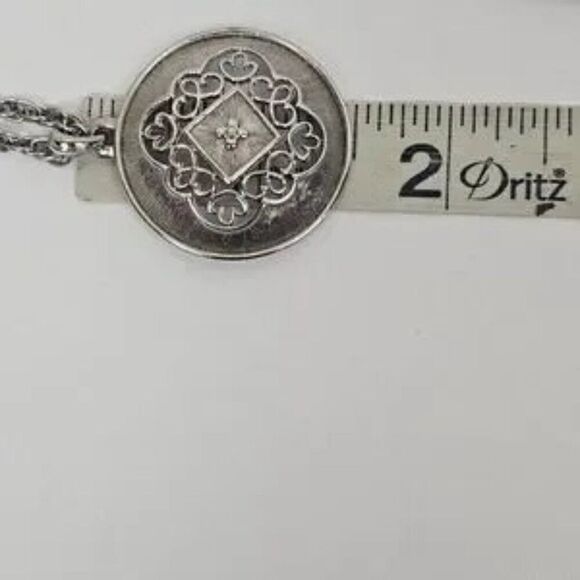 Vtg Triple 3 Strand Necklace Ornate Filigree Pendant Silver Tone Chain Rope Curb - Picture 8 of 12